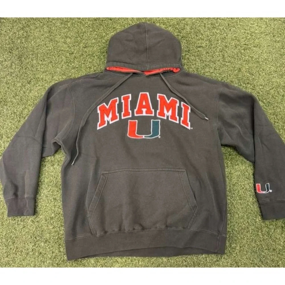 Vintage Miami Hurricanes Hoodie Mens Large‎ Green Football Cotton Fleece Lined